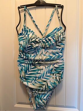 Tropical Leaf One-Piece Swimsuit in Teal & White